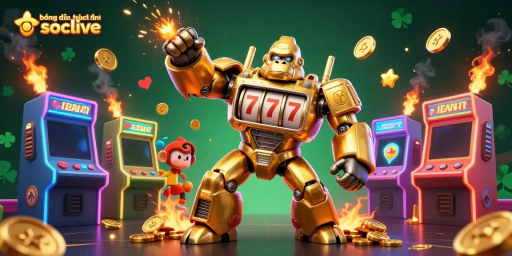 Experience bóng đá trực tuyến socolive with exciting 3D visuals of a golden gorilla mech and vibrant gaming elements.