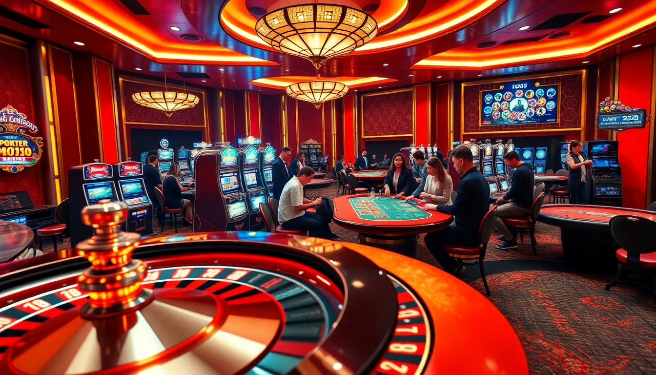 Engage in thrilling gambling experiences at MV88, featuring vibrant casino tables and slot machines.