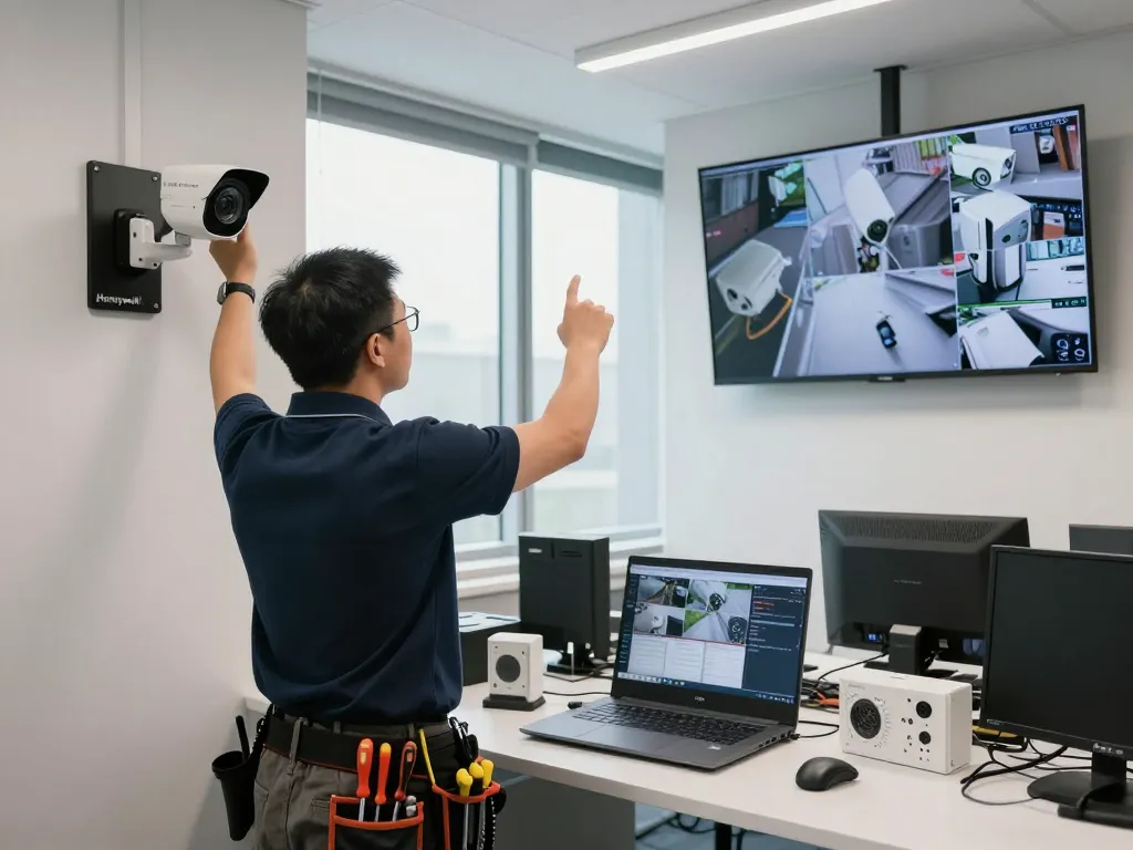 Technician configuring Honeywell HD4D camera in a high-tech surveillance setup.