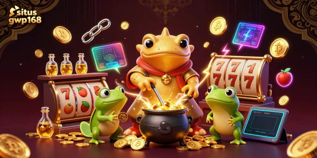 Permainan slot menggairahkan di situs gwp168 dengan karakter alkemis dan koin emas.
