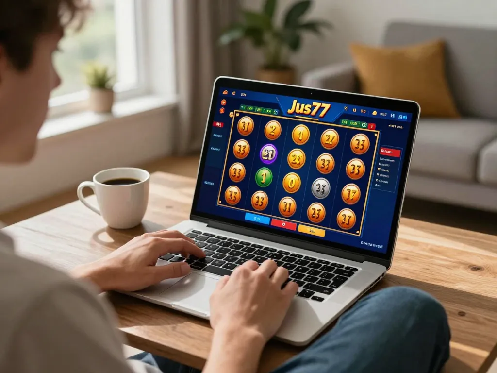 Momen bermain yang menarik di jus77 dengan pemain menikmati slot online di ruang tamu yang nyaman.