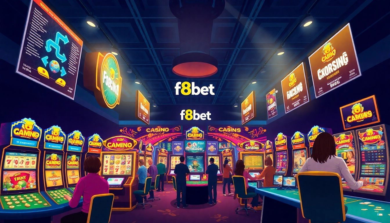 Dynamic digital casino scene at f8bet.com showcasing players engaged in gambling activities.