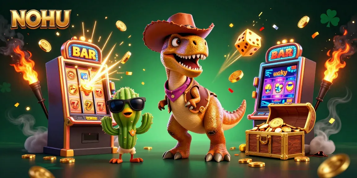 NOHU showcases vibrant casino action with a T-Rex, cactus, and roadrunner amid exploding slot machines.
