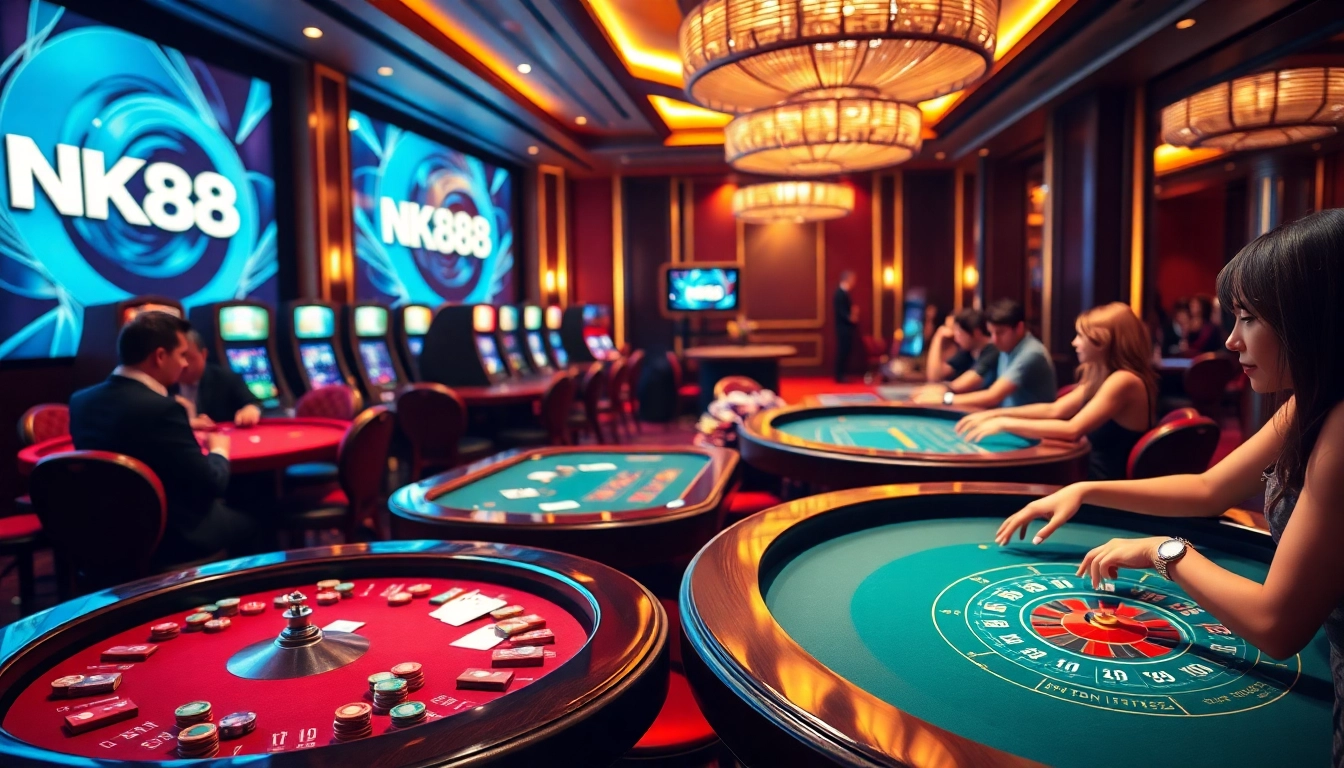 Exciting NK88 casino atmosphere featuring poker tables, roulette wheel, and vibrant gambling elements.