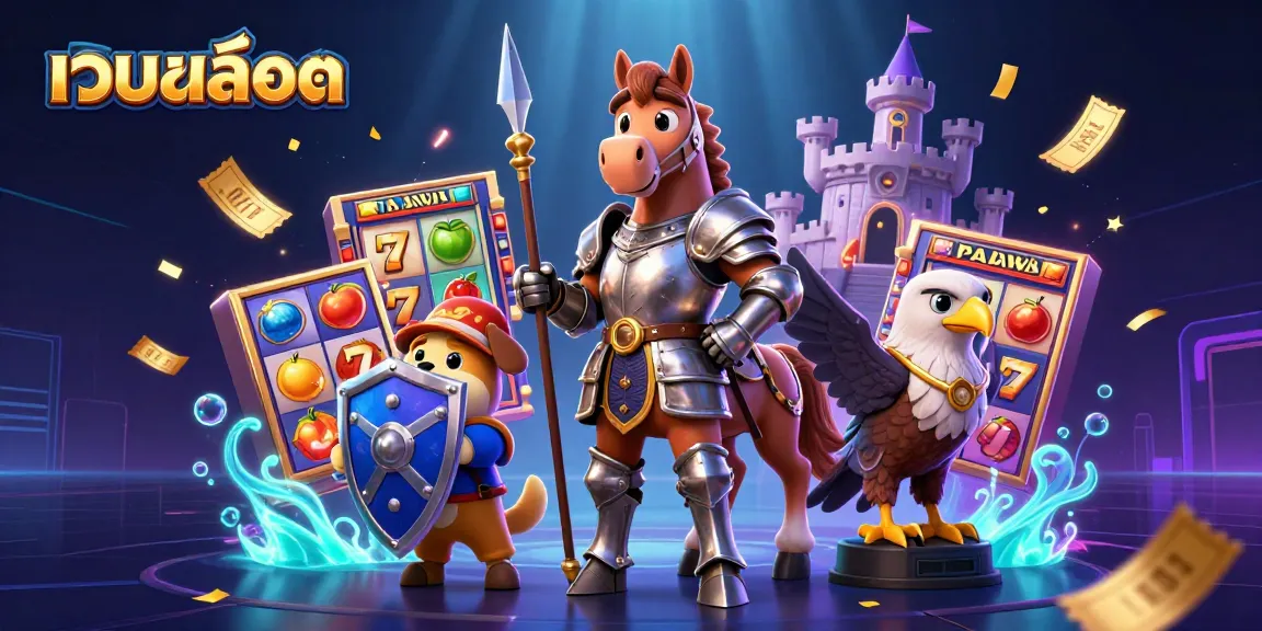 Engage with เว็บสล็อต as lottery balls, golden tickets, and slot symbols animate in a vibrant casino scene.