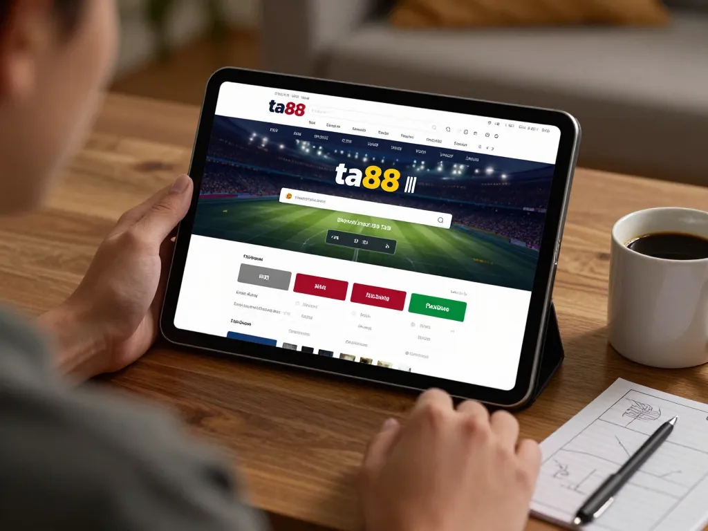 Betting on sports through the ta88 platform, showcasing tablet interface and comfortable at-home atmosphere.