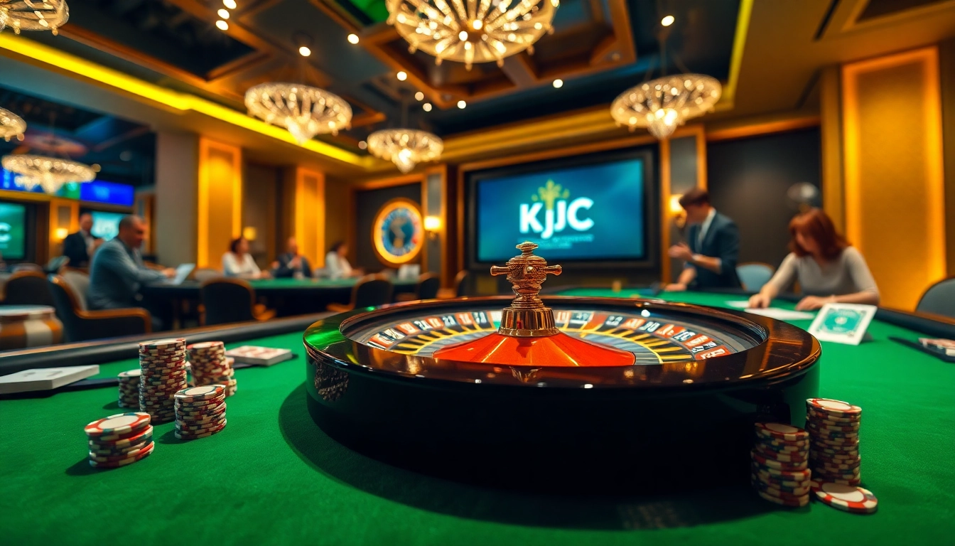 KJC brand poker players enjoying their time at a luxurious casino table.