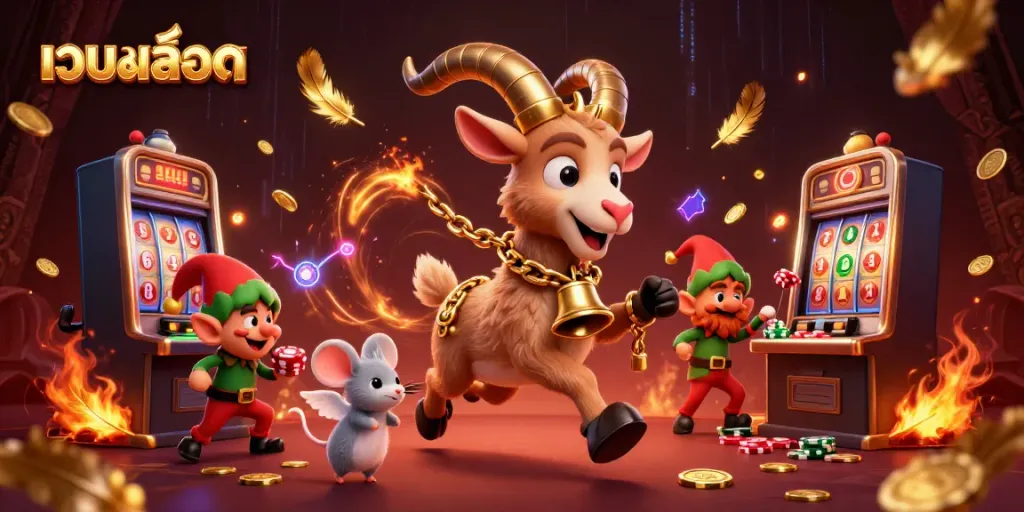 Engage in exciting เว็บสล็อต action with festive characters in a dynamic casino scene.