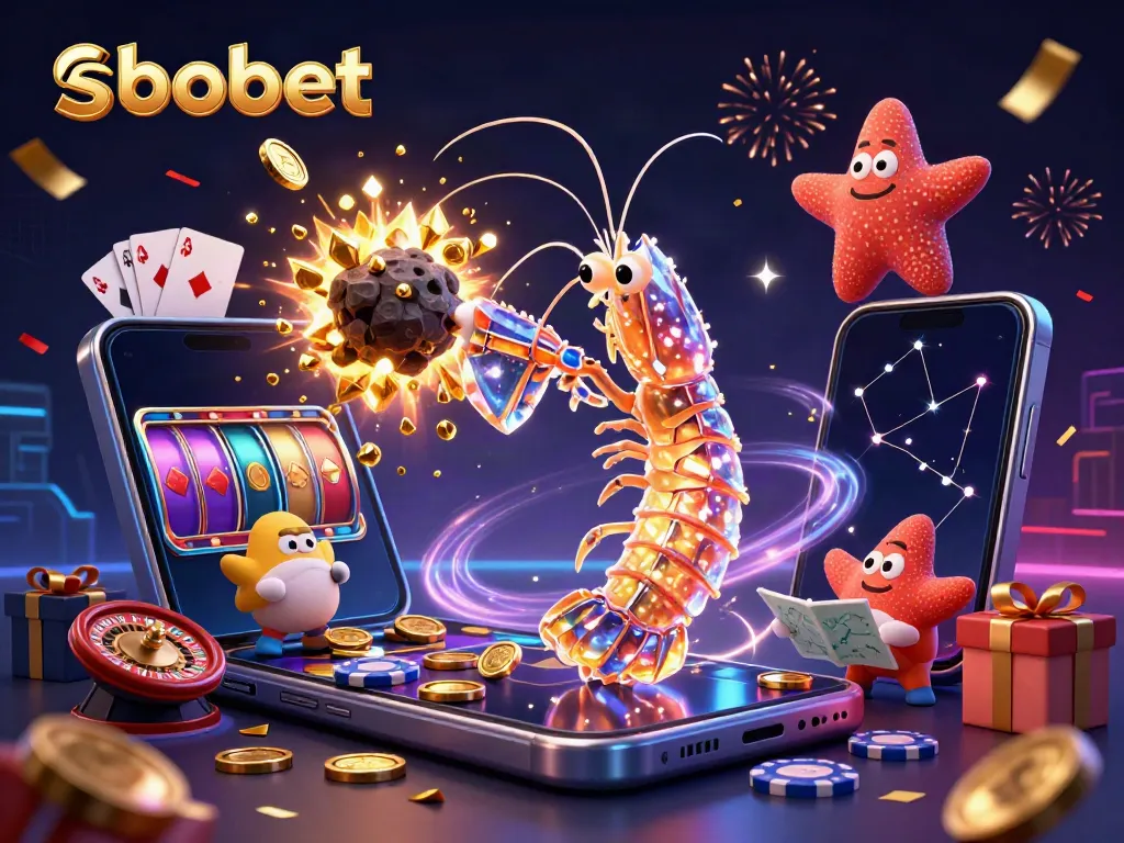 Sbobet features a galactic samurai mantis shrimp amidst golden gems and casino games in a futuristic scene.