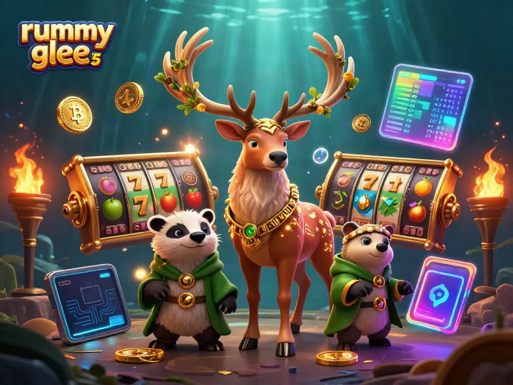 Rummy glee 51 bonus dengan karakter stag dan badger, dikelilingi elemen slot yang menyala.