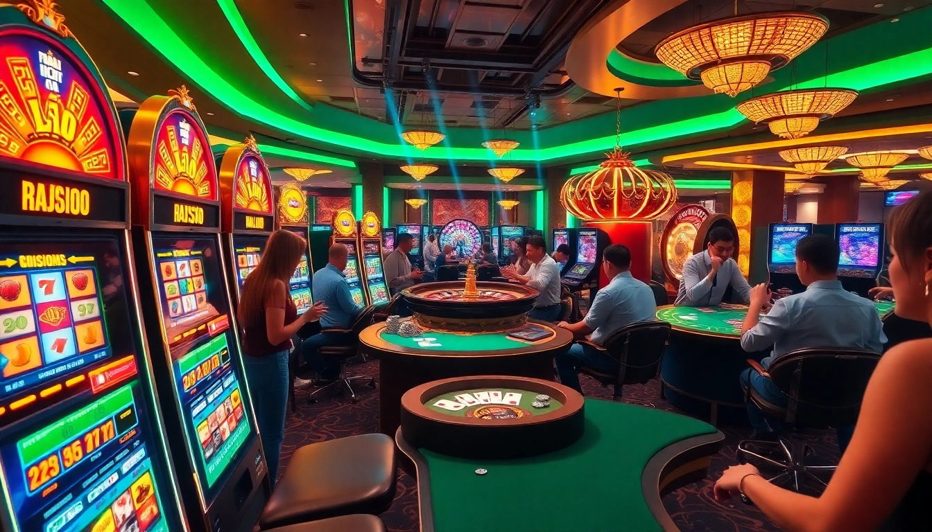 Experience the excitement of RAJAGACOR in this vibrant casino scene featuring players at slot machines and poker tables.