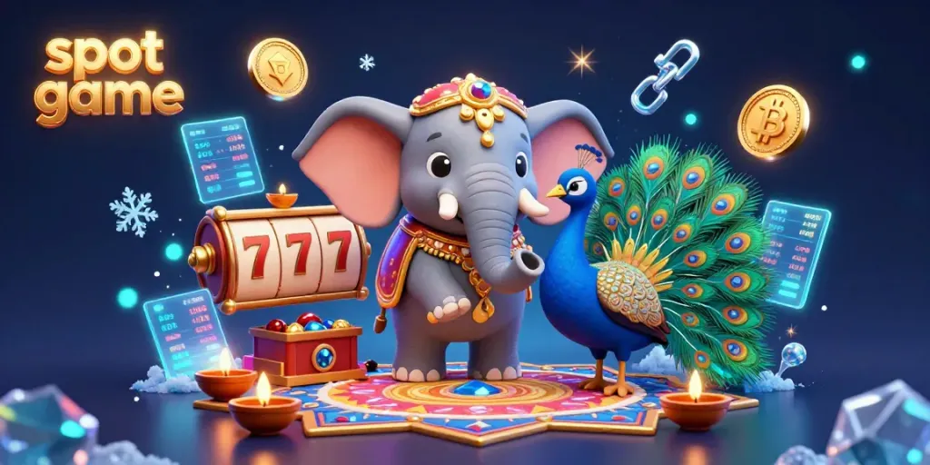 Permainan slot game yang menyenangkan muncul dengan visual canggih dari gajah Diwali dan burung merak yang dikelilingi oleh koin kripto.