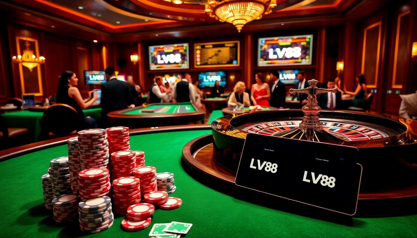 Experience the excitement at https://lv88.ltd/ with vibrant poker chips and a dazzling casino table.
