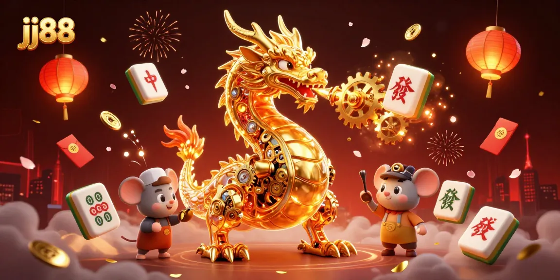 Experience thrilling games at jj88 with a vibrant dragon, lanterns, and lucky symbols illuminating the scene.
