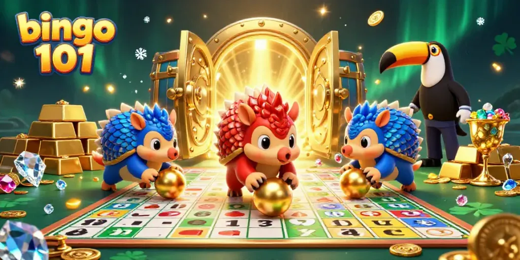Engage in bingo 101 with rival pangolins bowling through cards and gold, highlighting the excitement of gameplay