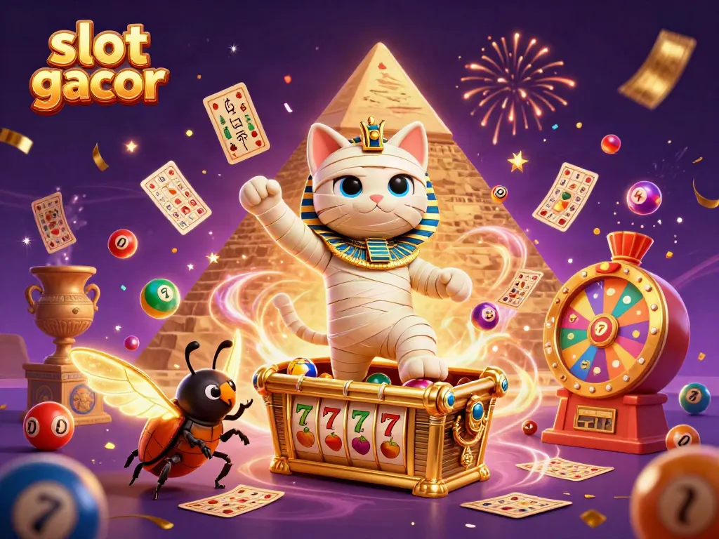 Experience the thrill of slot gacor as a cartoon mummy cat celebrates wins amidst dynamic casino elements.