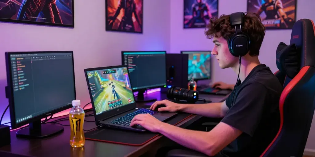 Engaged player using akunjp for thrilling online gaming experience with vibrant setup.