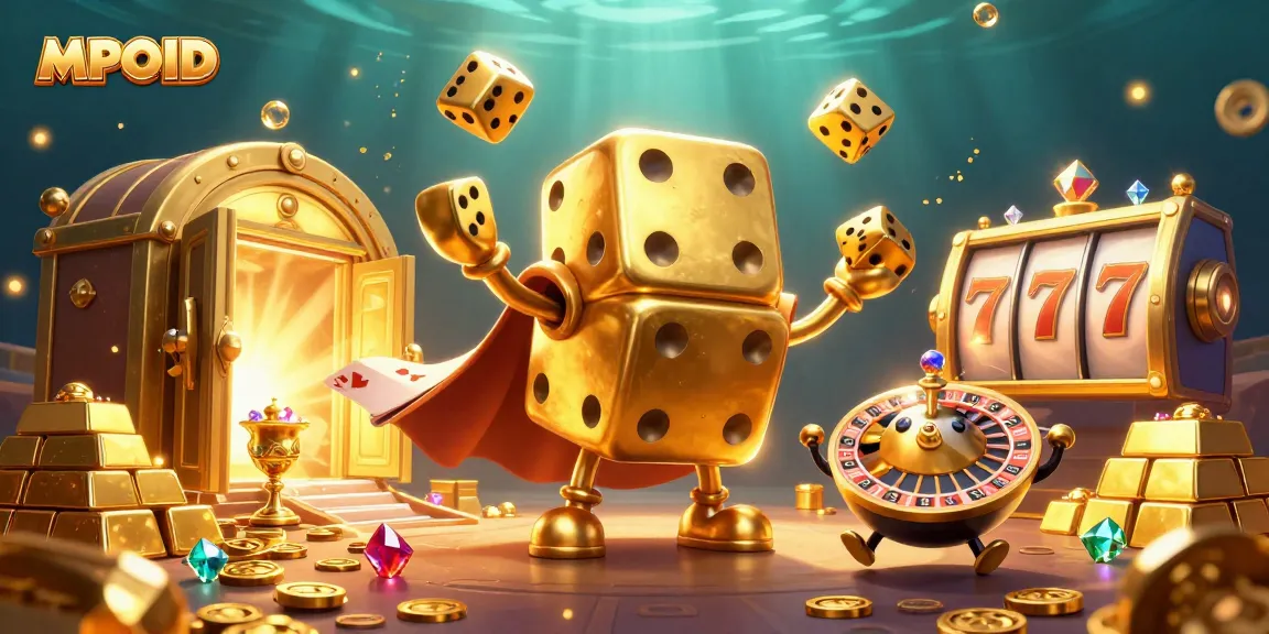 MPOID showcases an electric scene with a golden dice golem juggling winning symbols, enhancing the gaming atmosphere.