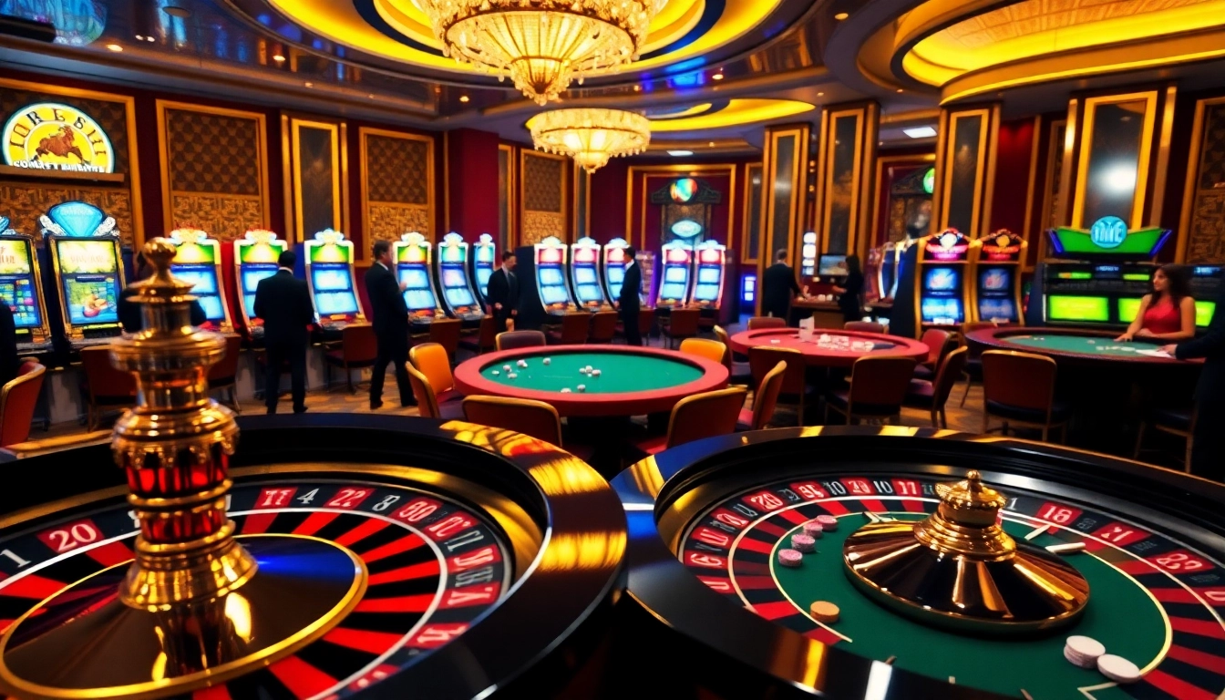 Experience the excitement of MM88 with players enjoying poker and roulette in a luxurious casino setting.