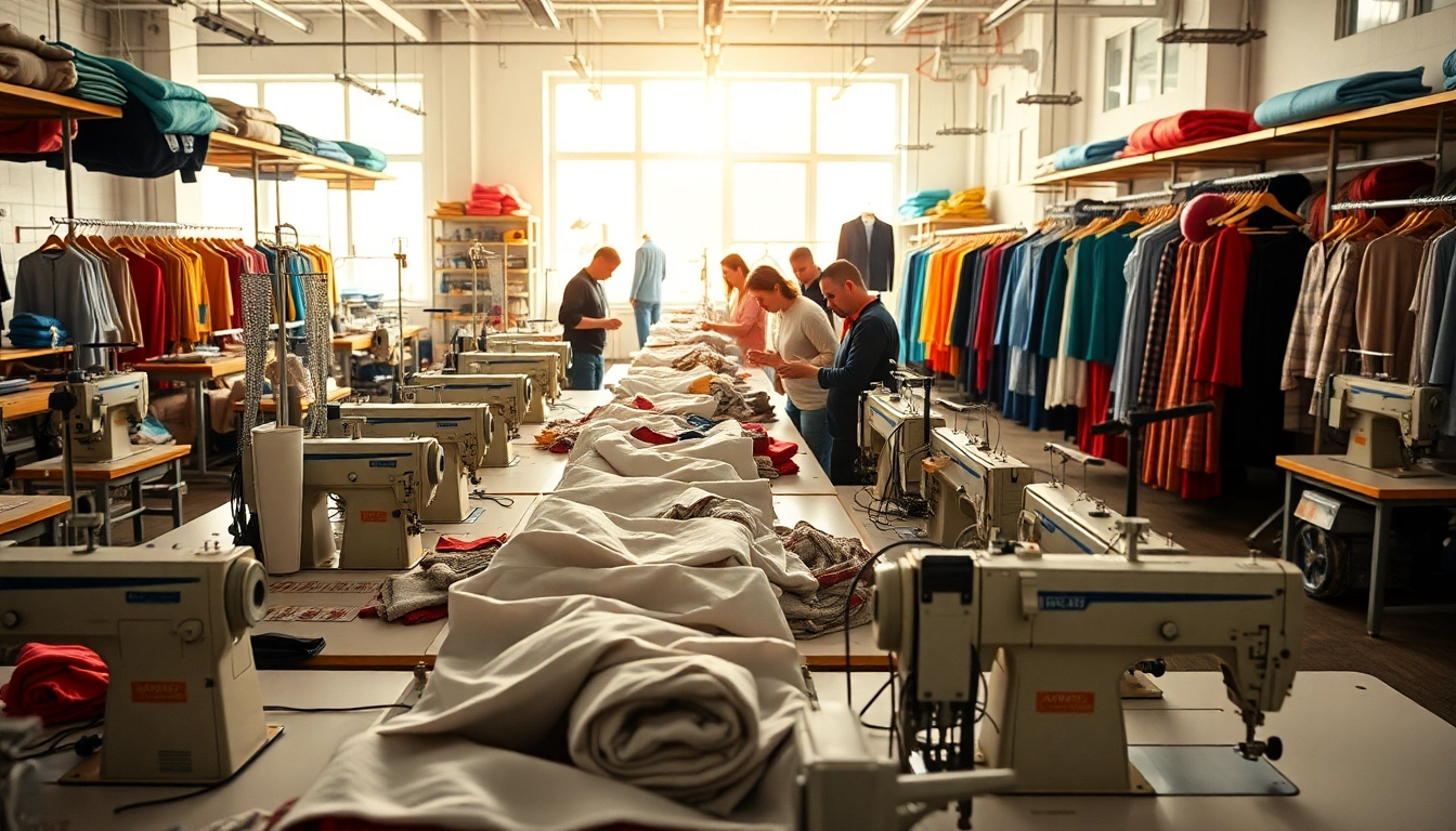 Clothing Manufacturer For Startups showcasing a vibrant workspace with skilled artisans and sewing machines.