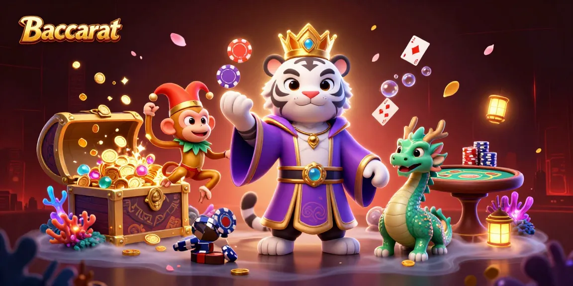 Baccarat themed 3D illustration showing a majestic white tiger, jester monkey, and jade dragon amidst casino elements.