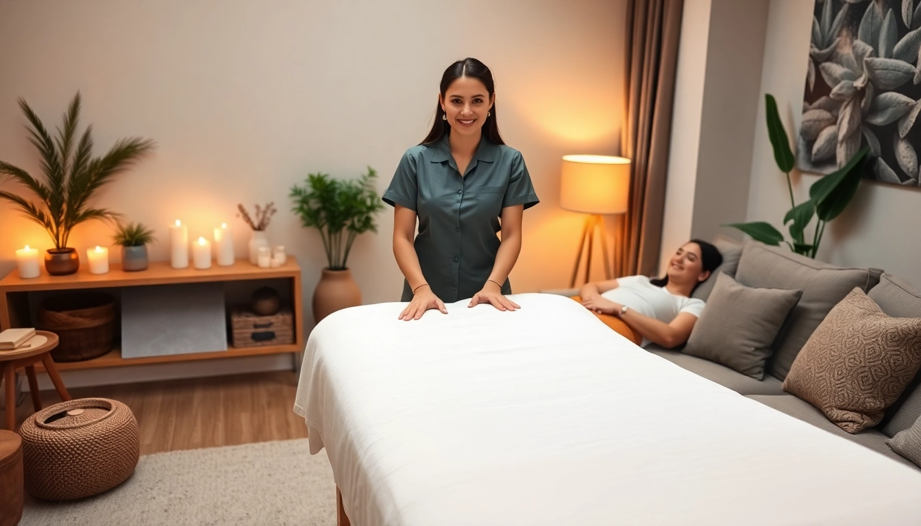 오산출장마사지 service with a professional therapist creating a relaxing home environment for a client.