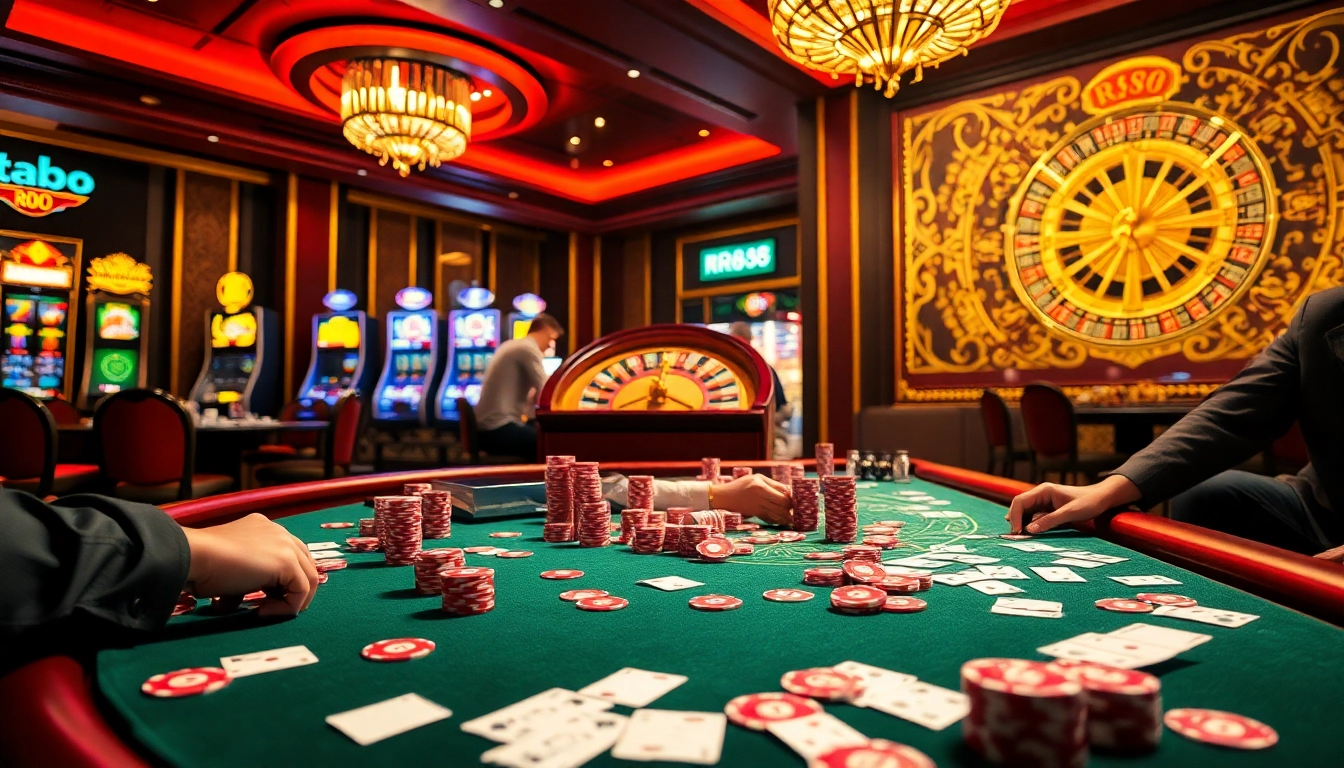 Engaging poker game at RR88 casino showcasing vibrant chips and cards.
