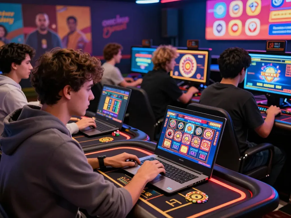 Interactive online gambling scene depicting hm88 Trang chủ experience with diverse players enjoying casino games.