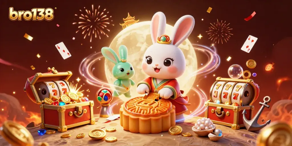 Engage with exciting games at bro138, featuring a moon rabbit pounding mooncakes with poker chips!