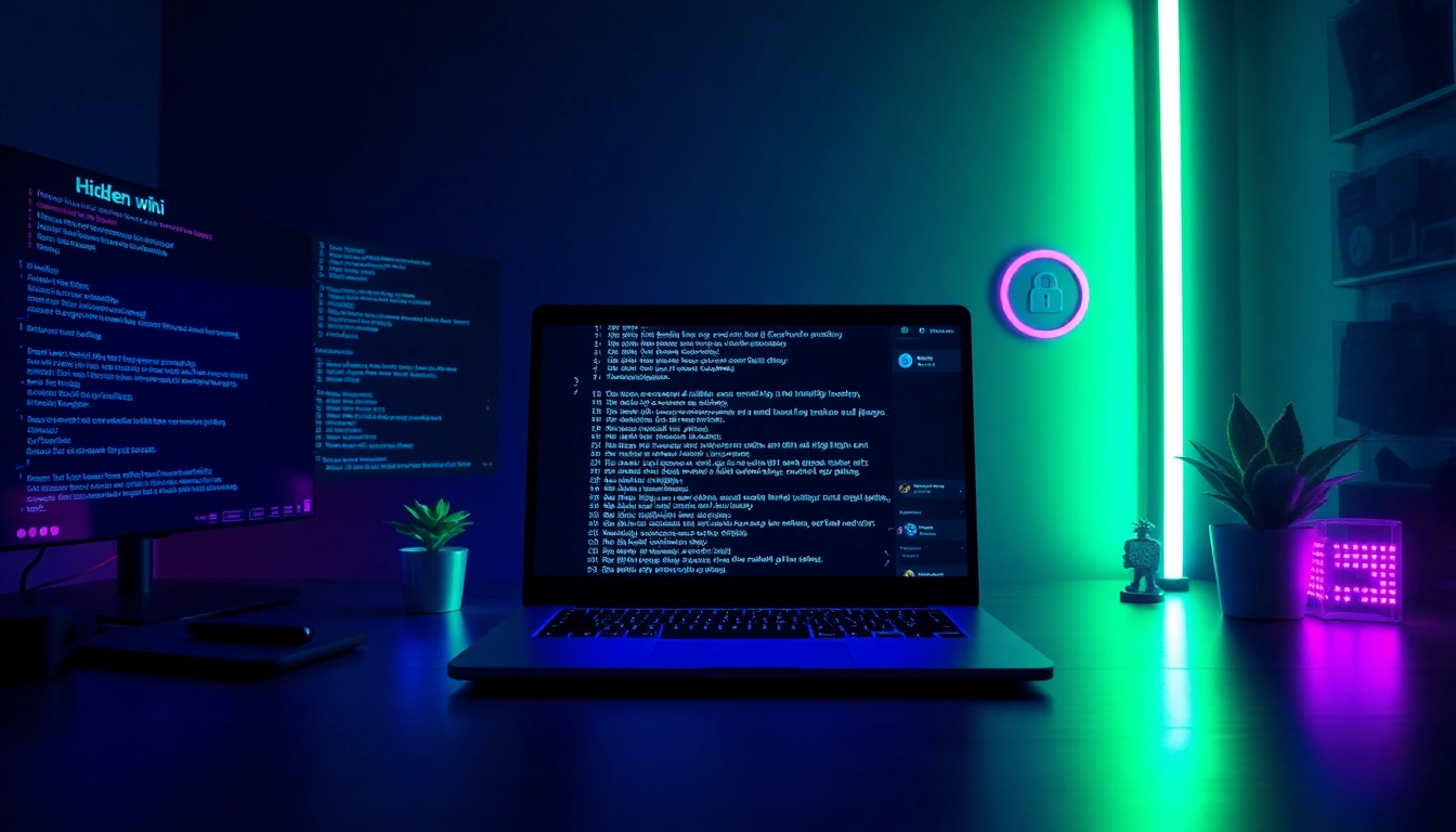 An engaging workspace representing the hidden wiki, showcasing .onion links with a mysterious yet professional atmosphere.
