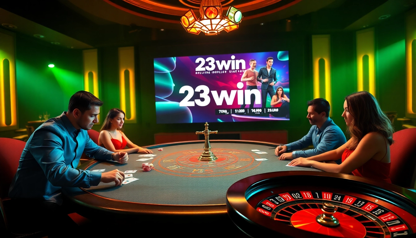 Experience the excitement of 23win with a vibrant casino scene featuring poker and roulette.