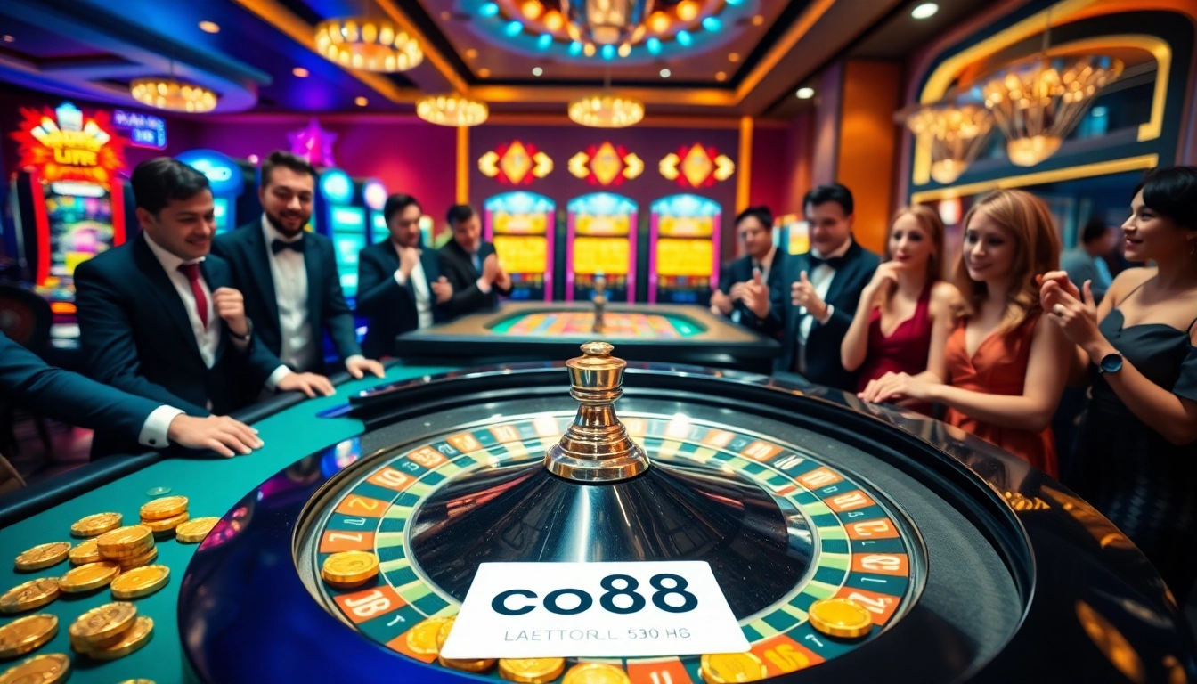 Players strategically betting at the co88 roulette table, surrounded by vibrant slot machines.