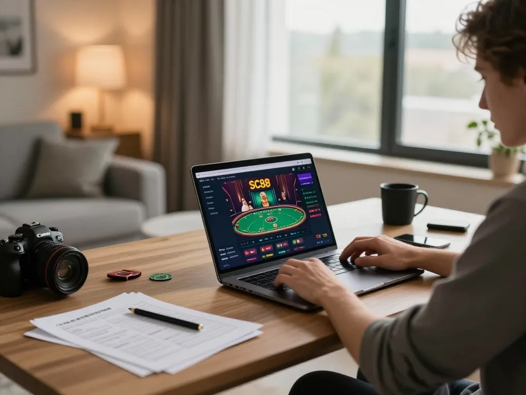 Player enjoying SC88 online casino gameplay in a stylish home office setting, showcasing laptop with poker interface.