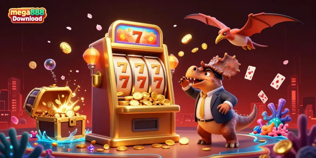 Catch the mega888 download jackpot in this vibrant casino scene of cartoon dinosaurs!