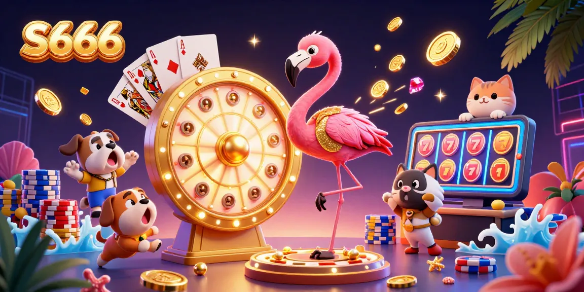 Experience thrilling luck with S666 in this vibrant illustration showcasing dynamic casino elements.
