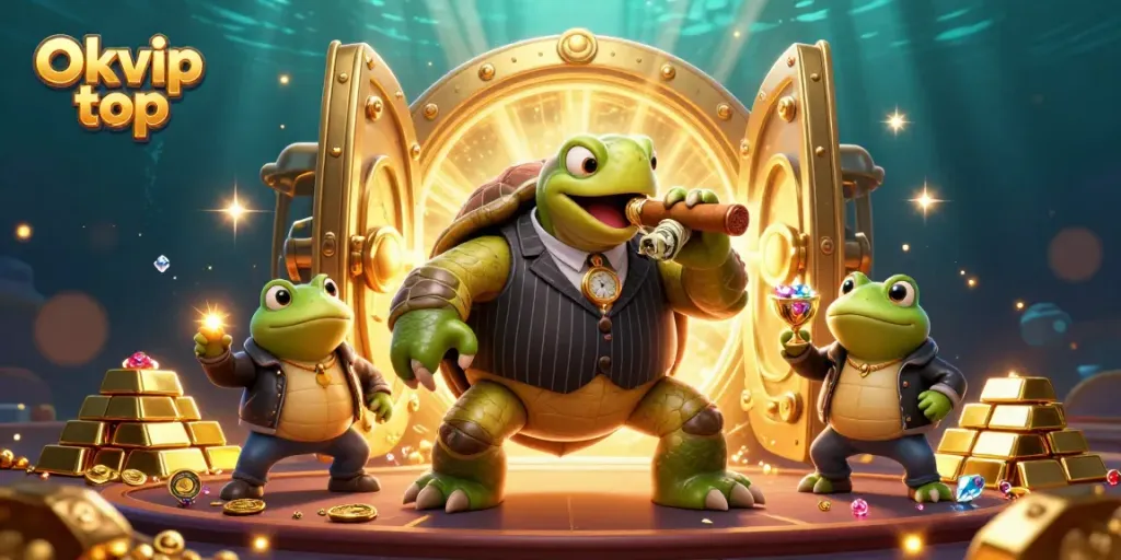 Experience the excitement of Okvip top with a vivid 3D illustration showcasing a turtle mobster surrounded by casino treasures.