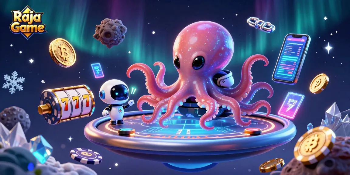 Play at Raja Game with a vibrant alien octopus at a holographic poker table surrounded by cosmic casino elements.