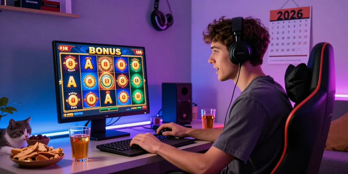 Player enjoying bonus buy slots uk in a stylish home gaming room with colorful slot graphics.