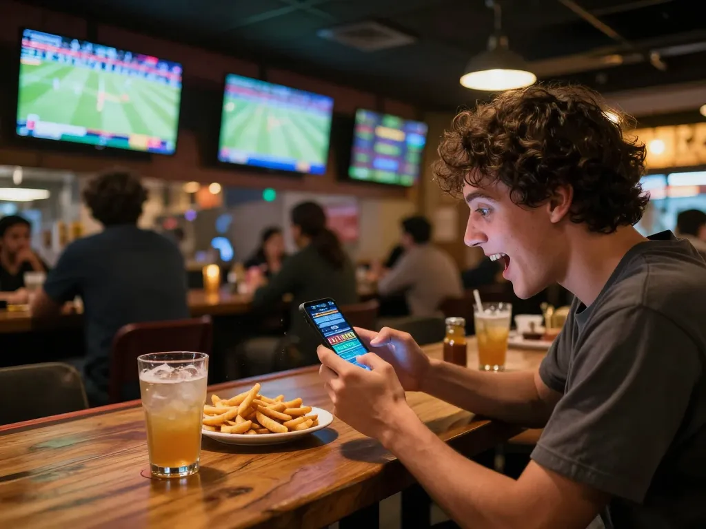 Person using mobile app for MMOO sports betting while watching live games in a sports bar