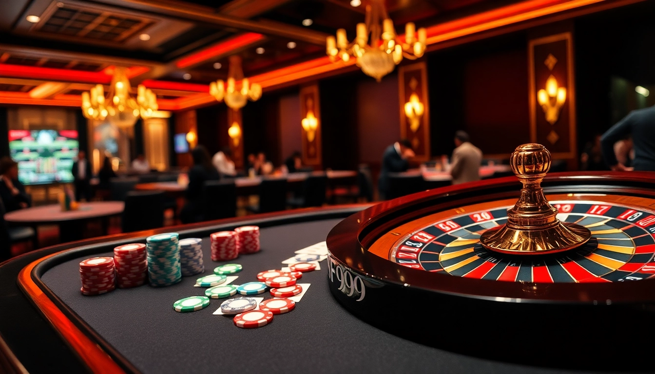 Enjoying an exciting game at DF999's glamorous casino table filled with poker chips and cards.