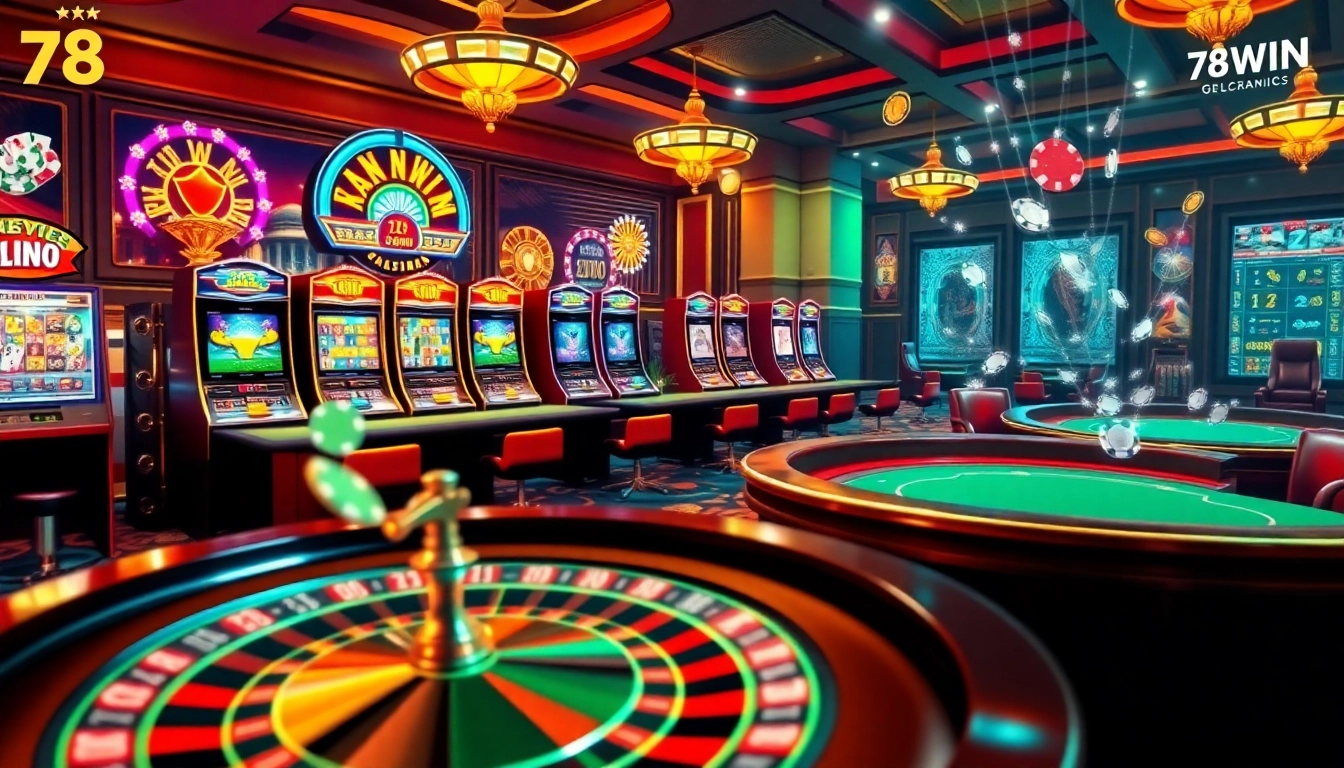 Experience the allure of 78WIN with vibrant casino visuals showcasing exciting games and a luxurious atmosphere.