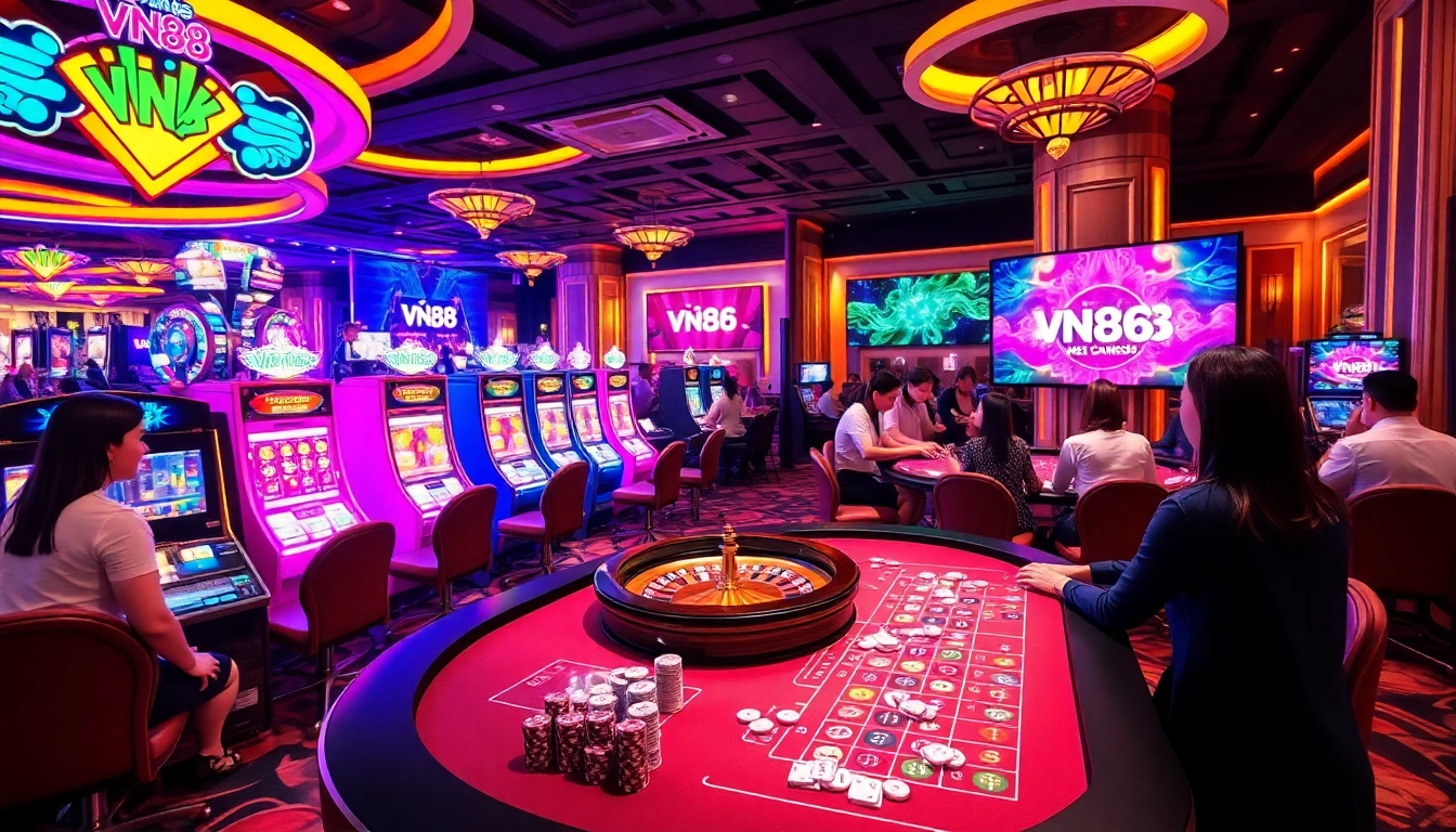 Engaged players enjoying a vibrant vn88 casino experience surrounded by high-stakes gaming tables.