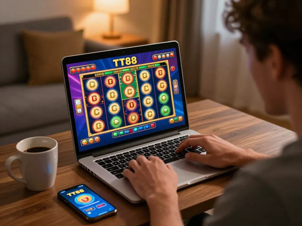 Engaged player at home using TT88 online casino on laptop, showing dynamic gameplay with vibrant graphics.