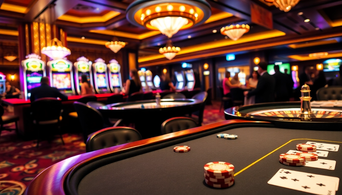 SODO casino scene with elegant poker table, vibrant slot machines, and an inviting atmosphere for gamblers.