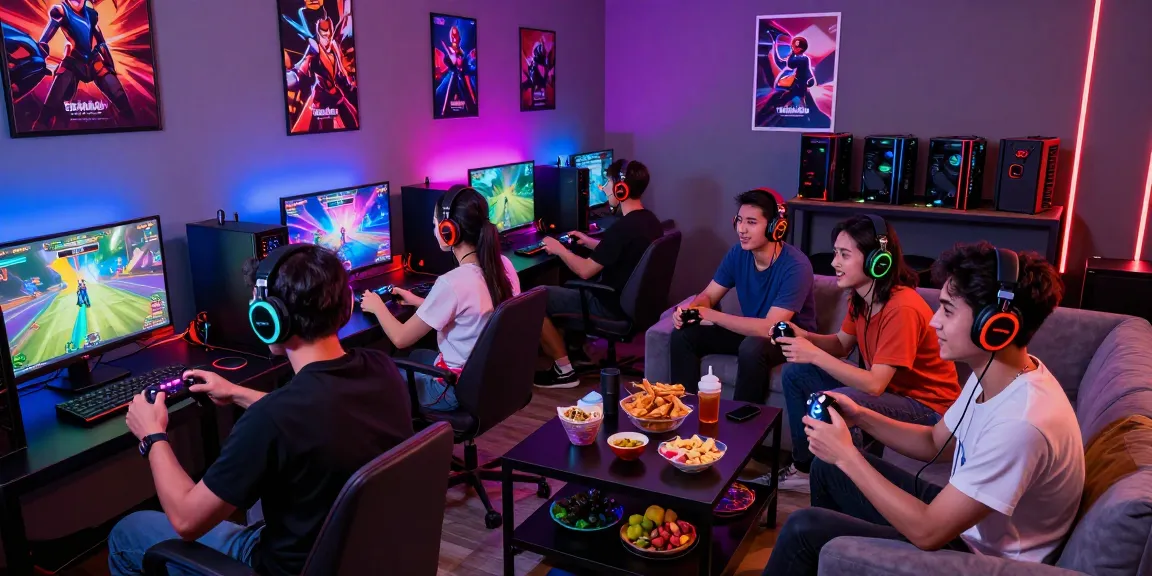 Teman-teman bermain terjun4d dengan headset gaming di ruang tamu penuh warna.