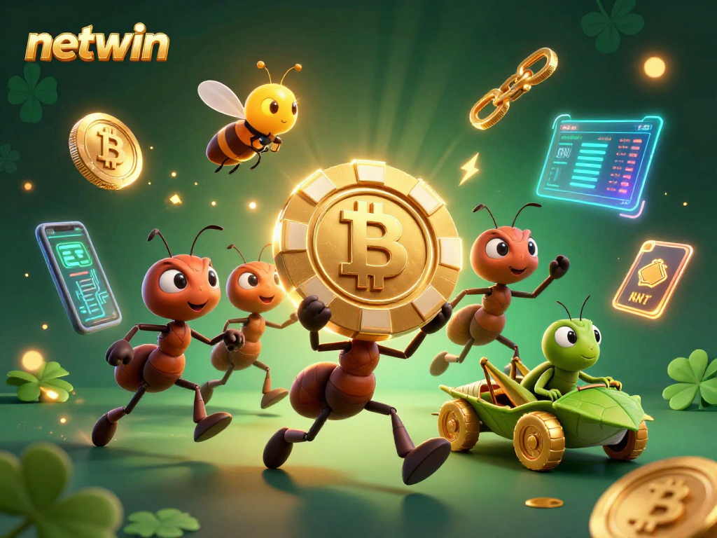 Experience the excitement of netwin as cartoon ants execute a grand heist with a golden poker chip.