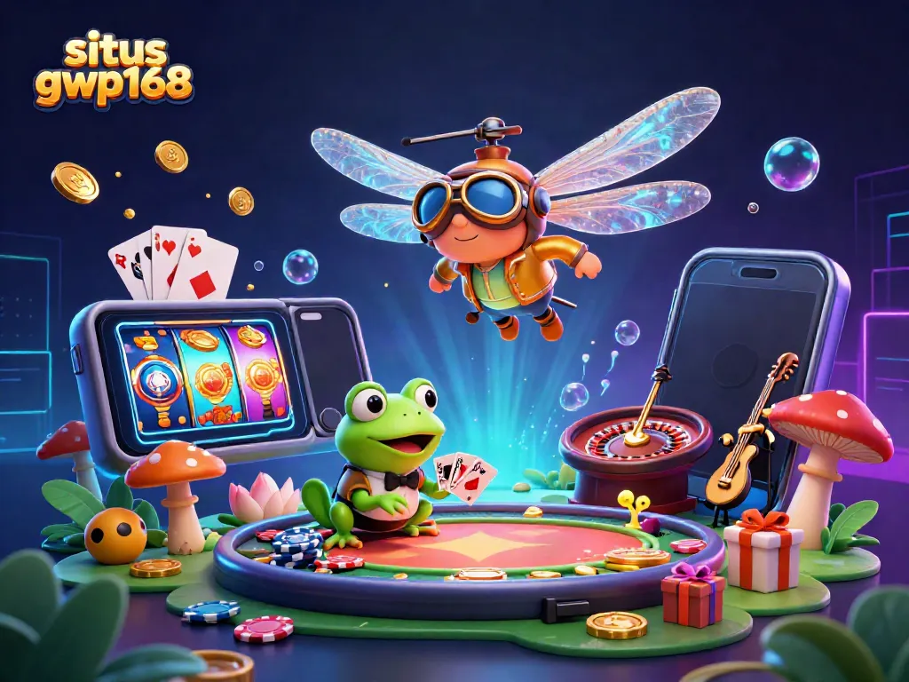 Gambarkan situs gwp168 dengan pesawat helikopter capung dan dealer frog yang menyajikan permainan kasino.