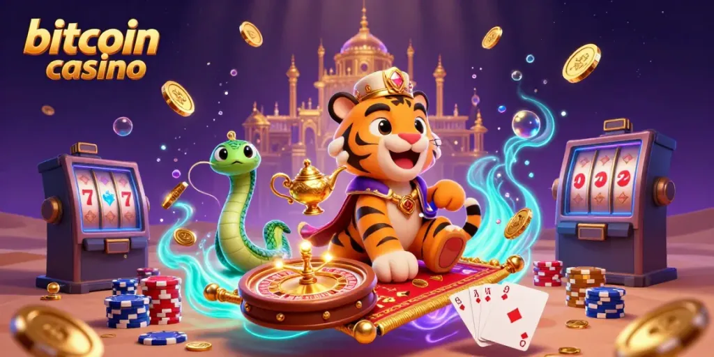 Experience the excitement of a bitcoin casino with a tiger sultan and magical elements.