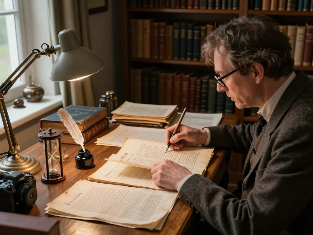 Scholar researching historical manuscripts at https://dohistory.group/ in a cozy study with warm lighting.