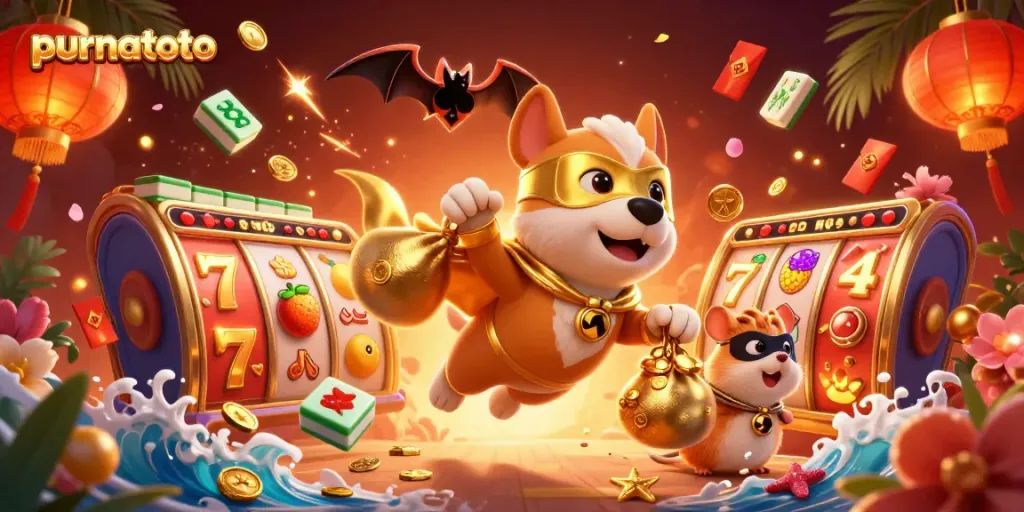 Purnatoto menawarkan permainan slot gacor menarik dengan superhero anjing dan hamster membawa koin emas.